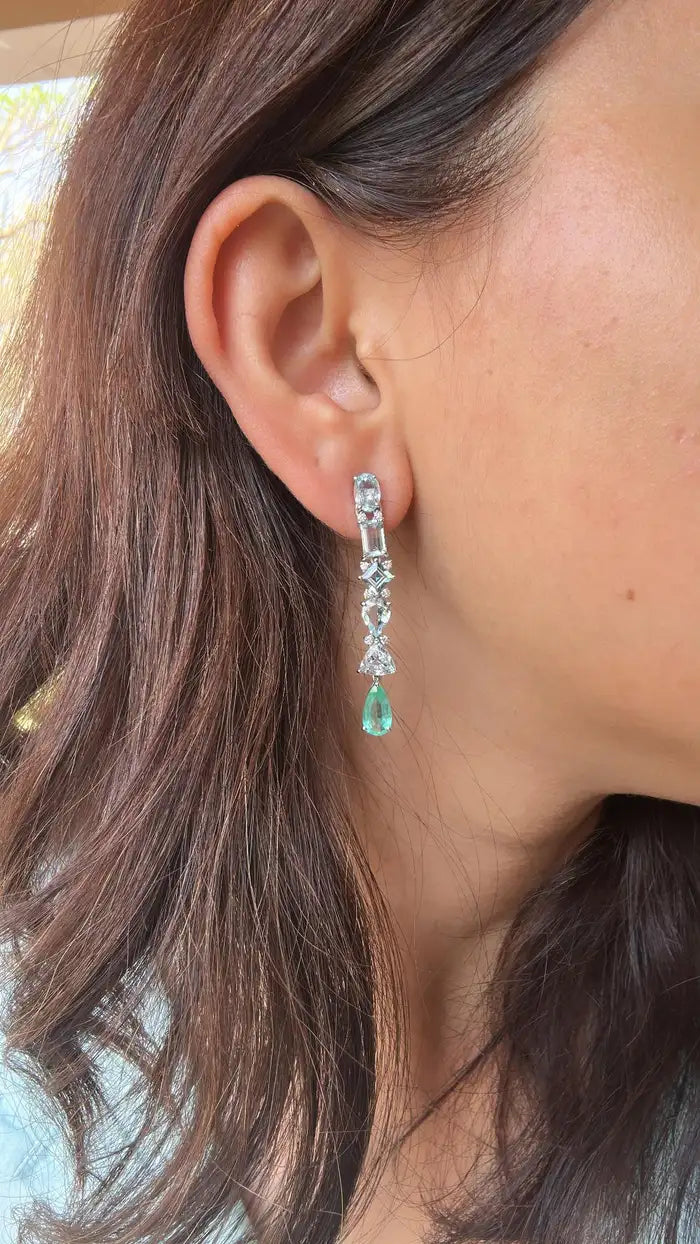 18k White Gold Diamond Chandelier Earrings - Natural Aquamarine & Colombian Emerald Dangle Earrings