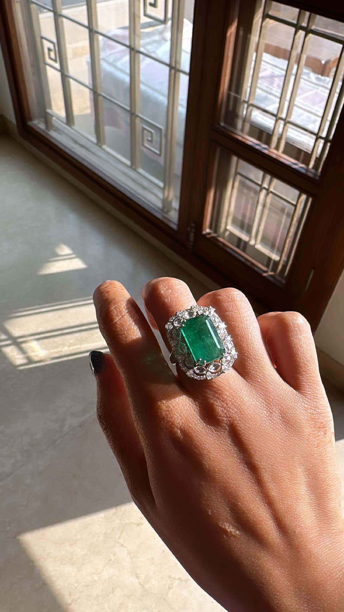 Natural Zambian Emerald & Rose Cut Diamonds Engagement Ring