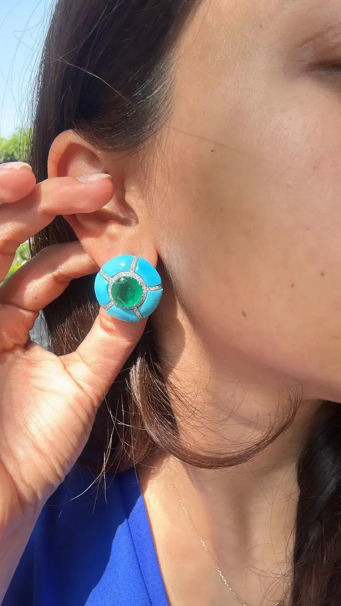 18K Gold, natural Zambian Emeralds, Turquoise & Diamonds Stud Earrings