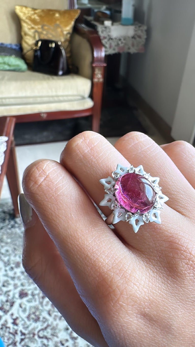 8.32 carats Tourmaline Cabochon, White Enamel & Rose Cut Diamonds Cocktail Ring