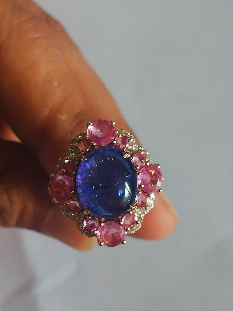 18K Gold, 9.00 Carats Tanzanite, Pink Sapphire & Diamond Cocktail Ring