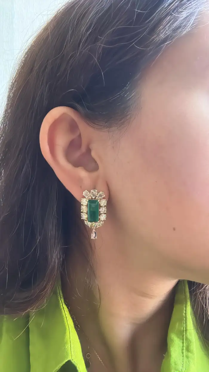Natural Yellow Rose Cut Diamond Dangle Earrings - Solid 18k Yellow Gold Earrings With Zambian Emerald
