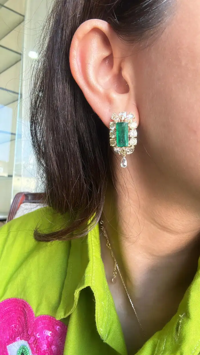 Natural Yellow Rose Cut Diamond Dangle Earrings - Solid 18k Yellow Gold Earrings With Zambian Emerald