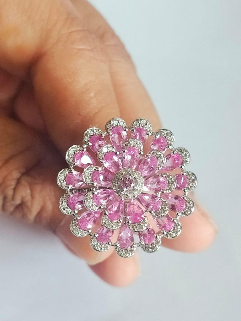Set in 18K White Gold, 5.82 carats, Pink Sapphires & Diamonds Cocktail Ring