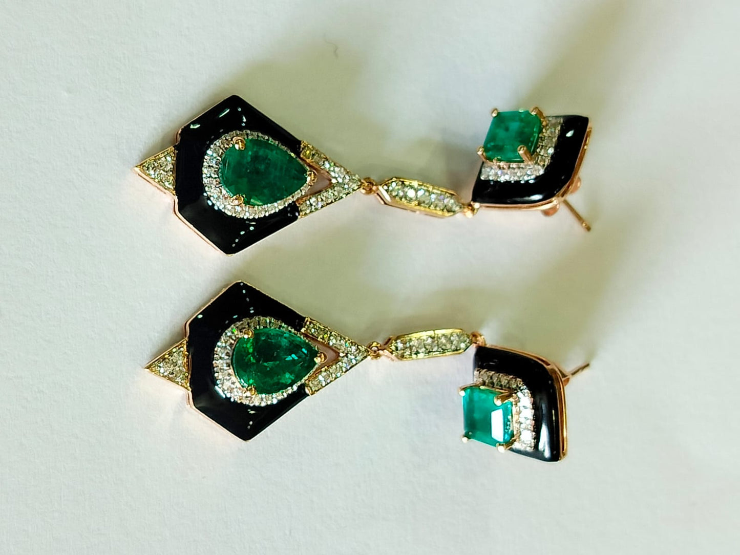 Emerald Diamond & Enamel Dangle Earrings