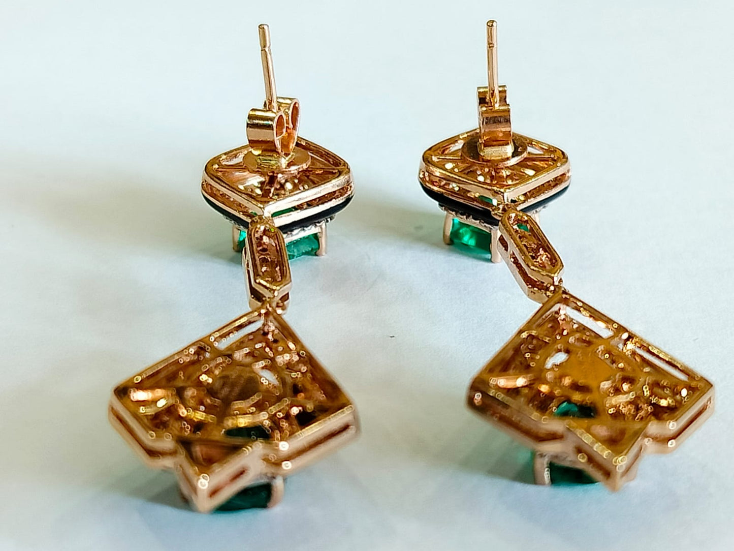 Emerald Diamond & Enamel Dangle Earrings