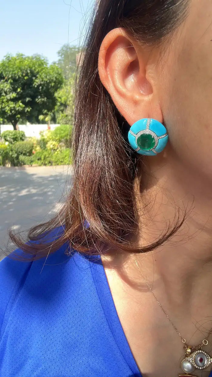 18K Gold, natural Zambian Emeralds, Turquoise & Diamonds Stud Earrings