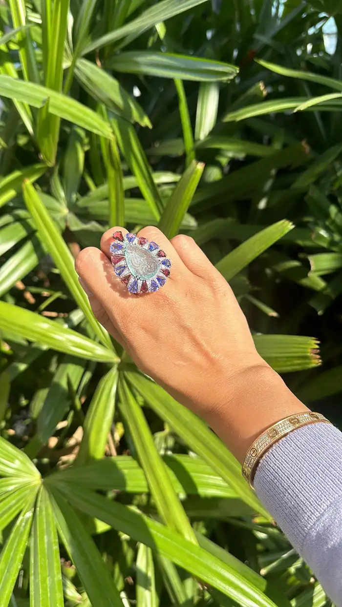 Pear Shape Carved Aquamarine, Rubellite & Tanzanite Cocktail Ring - 18k White Gold Diamond Statement Ring - Best Anniversary Gift