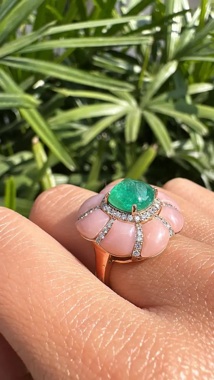 18k Rose Gold Diamond Ring - Pink Opal & Emerald Sugarloaf Cocktail Ring - Handmade Gold Diamond Ring