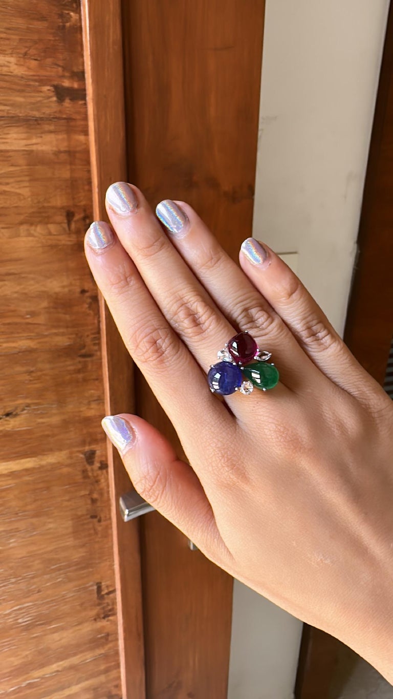 Emerald, Tanzanite, Tourmaline Cabochon & Rose Cut Diamonds Cocktail Ring