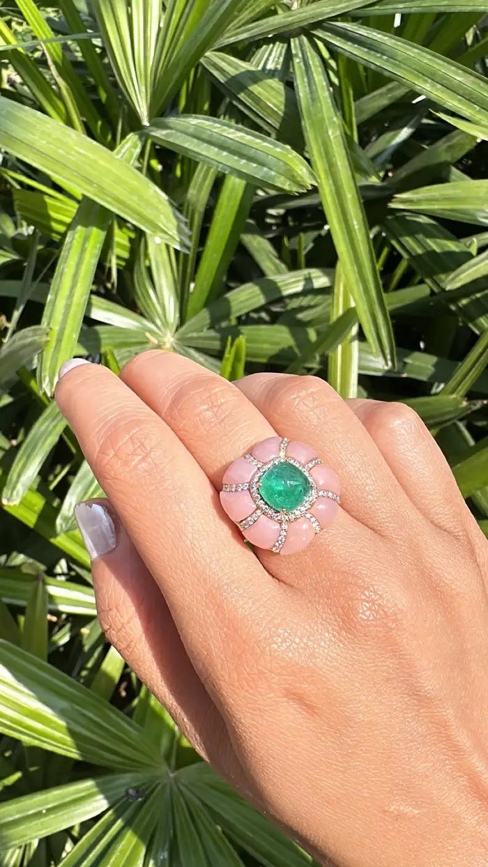18k Rose Gold Diamond Ring - Pink Opal & Emerald Sugarloaf Cocktail Ring - Handmade Gold Diamond Ring