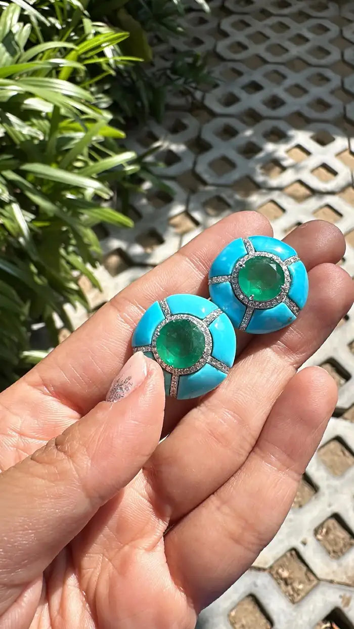 18K Gold, natural Zambian Emeralds, Turquoise & Diamonds Stud Earrings