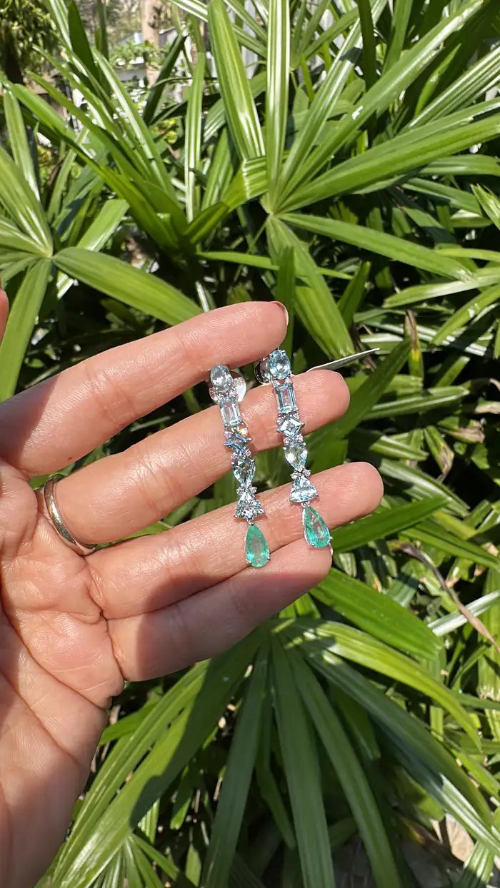 18k White Gold Diamond Chandelier Earrings - Natural Aquamarine & Colombian Emerald Dangle Earrings