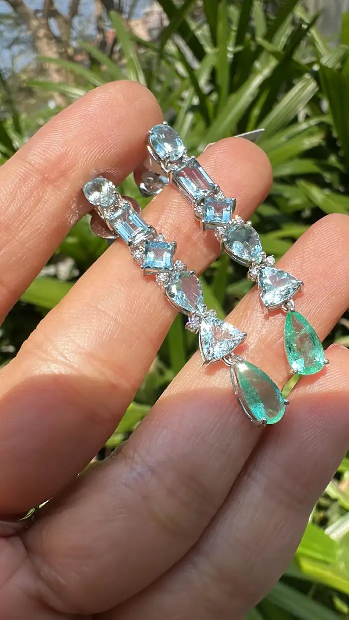 18k White Gold Diamond Chandelier Earrings - Natural Aquamarine & Colombian Emerald Dangle Earrings