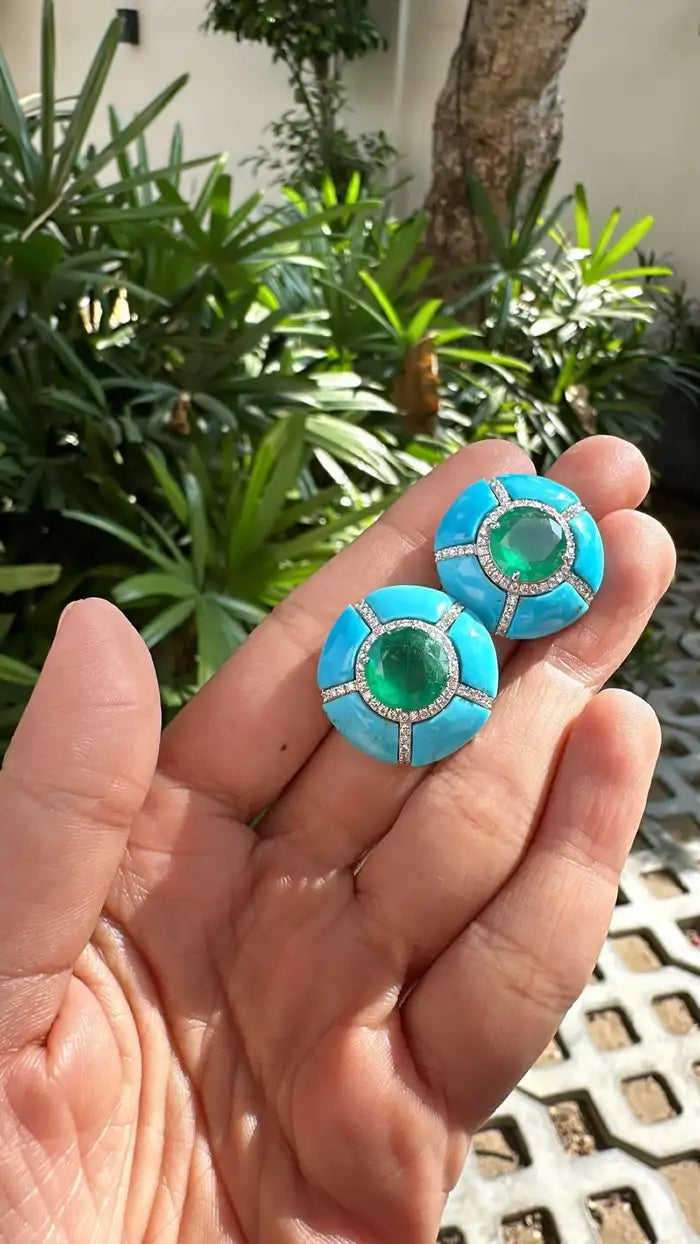 18K Gold, natural Zambian Emeralds, Turquoise & Diamonds Stud Earrings
