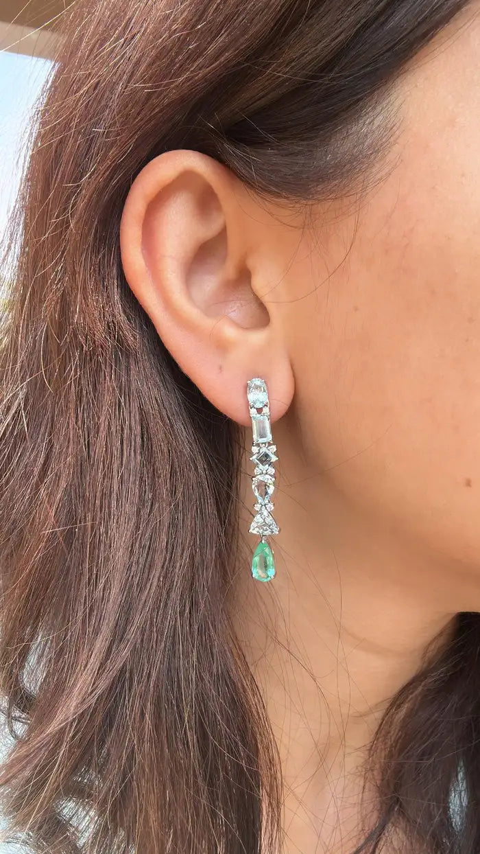 18k White Gold Diamond Chandelier Earrings - Natural Aquamarine & Colombian Emerald Dangle Earrings
