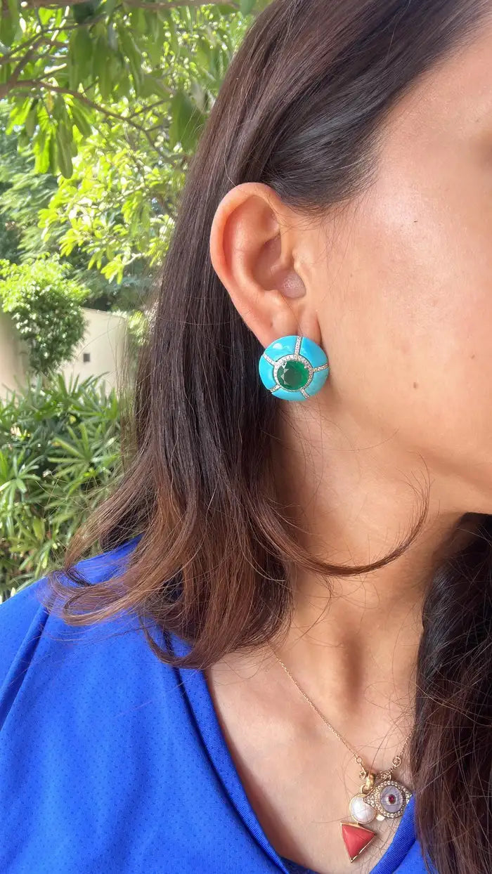 18K Gold, natural Zambian Emeralds, Turquoise & Diamonds Stud Earrings