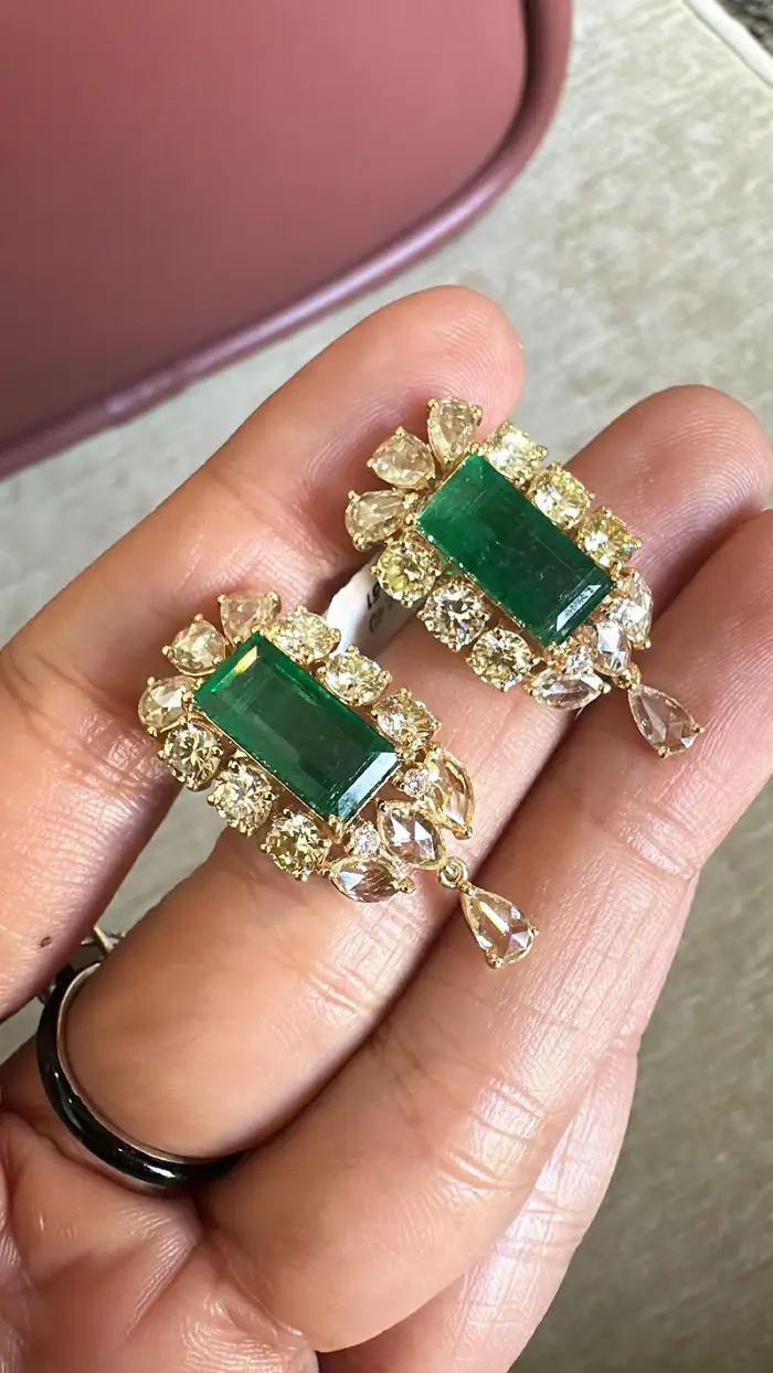 Natural Yellow Rose Cut Diamond Dangle Earrings - Solid 18k Yellow Gold Earrings With Zambian Emerald