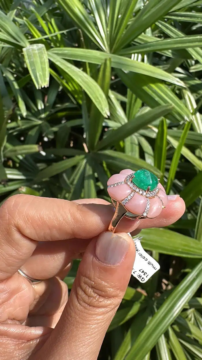 18k Rose Gold Diamond Ring - Pink Opal & Emerald Sugarloaf Cocktail Ring - Handmade Gold Diamond Ring