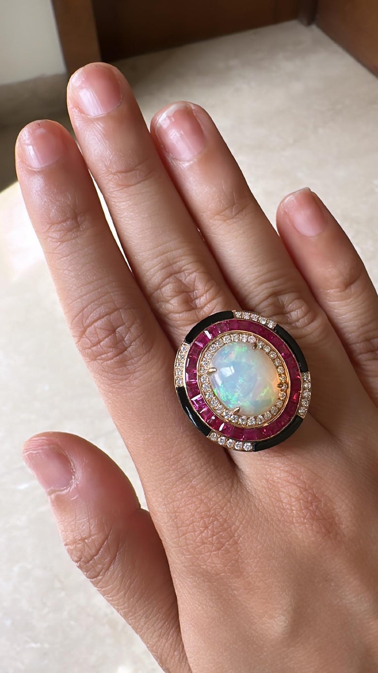 4.69 Carats Opal, Ruby, Black Onyx & Diamonds Cocktail Ring