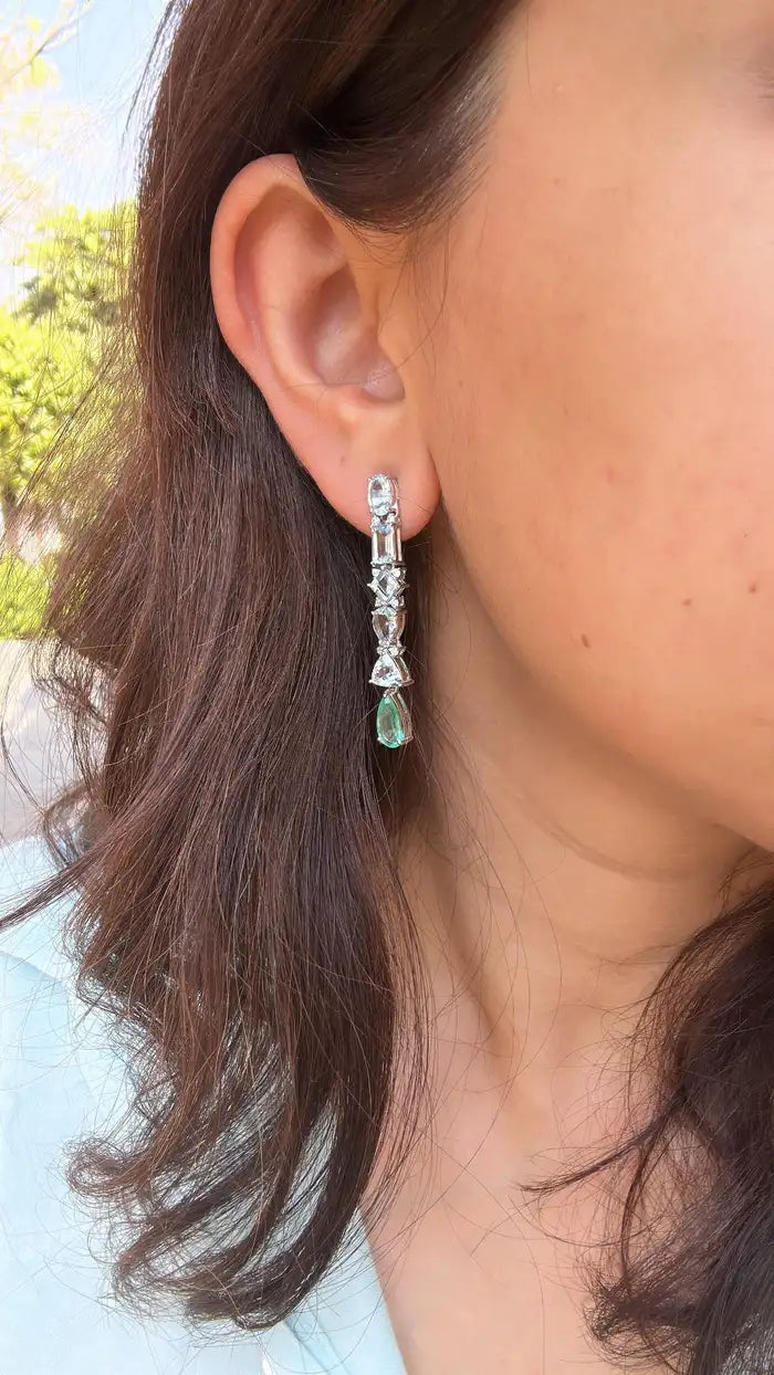 18k White Gold Diamond Chandelier Earrings - Natural Aquamarine & Colombian Emerald Dangle Earrings