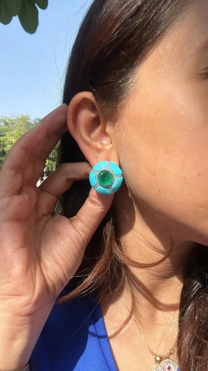 18K Gold, natural Zambian Emeralds, Turquoise & Diamonds Stud Earrings