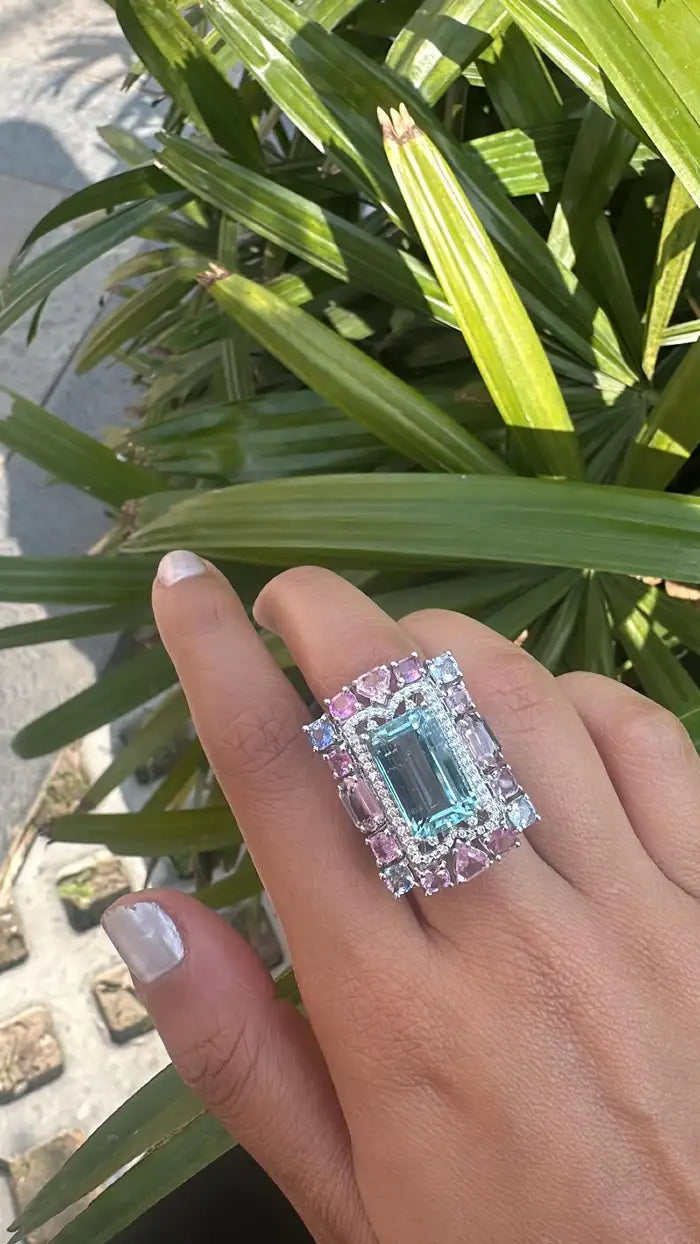 Natural Aquamarine & Multi Sapphire Cocktail Ring - Handmade 18k White Gold Diamond Ring