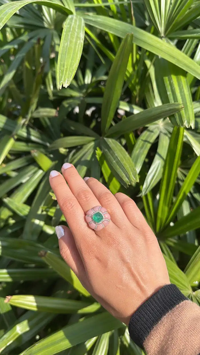 18k Rose Gold Diamond Ring - Pink Opal & Emerald Sugarloaf Cocktail Ring - Handmade Gold Diamond Ring