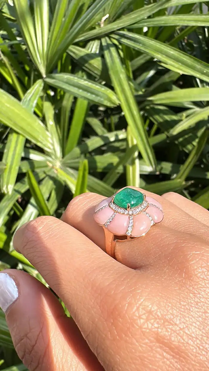 18k Rose Gold Diamond Ring - Pink Opal & Emerald Sugarloaf Cocktail Ring - Handmade Gold Diamond Ring
