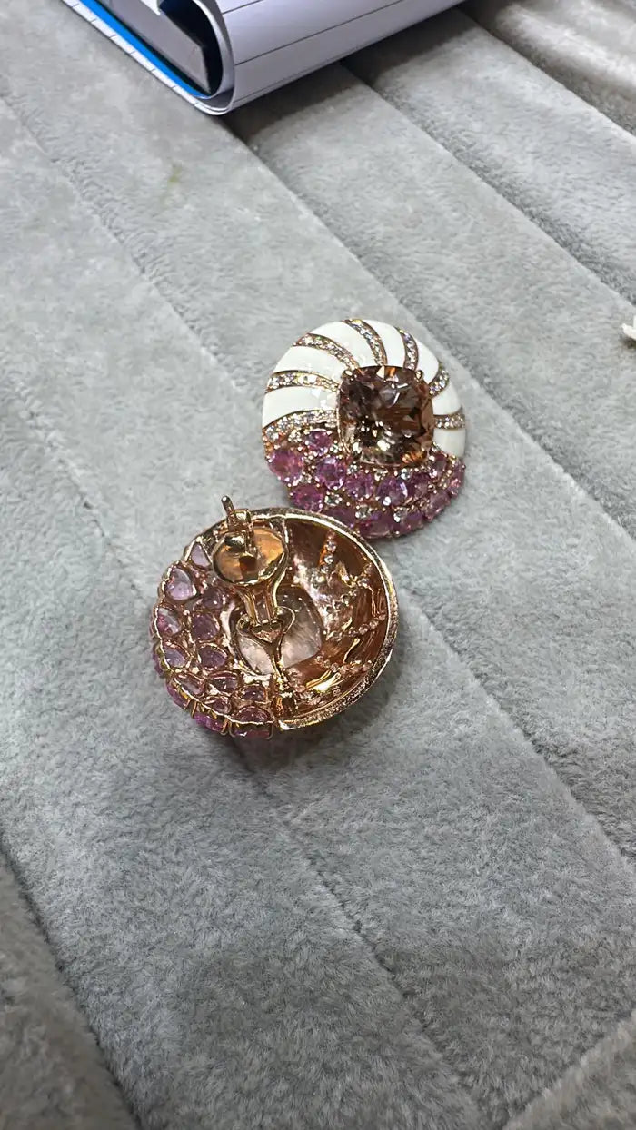 Natural Morganite & Pink Sapphire Round Stud Earrings - 18k Rose Gold Handmade Earrings With White Enamel