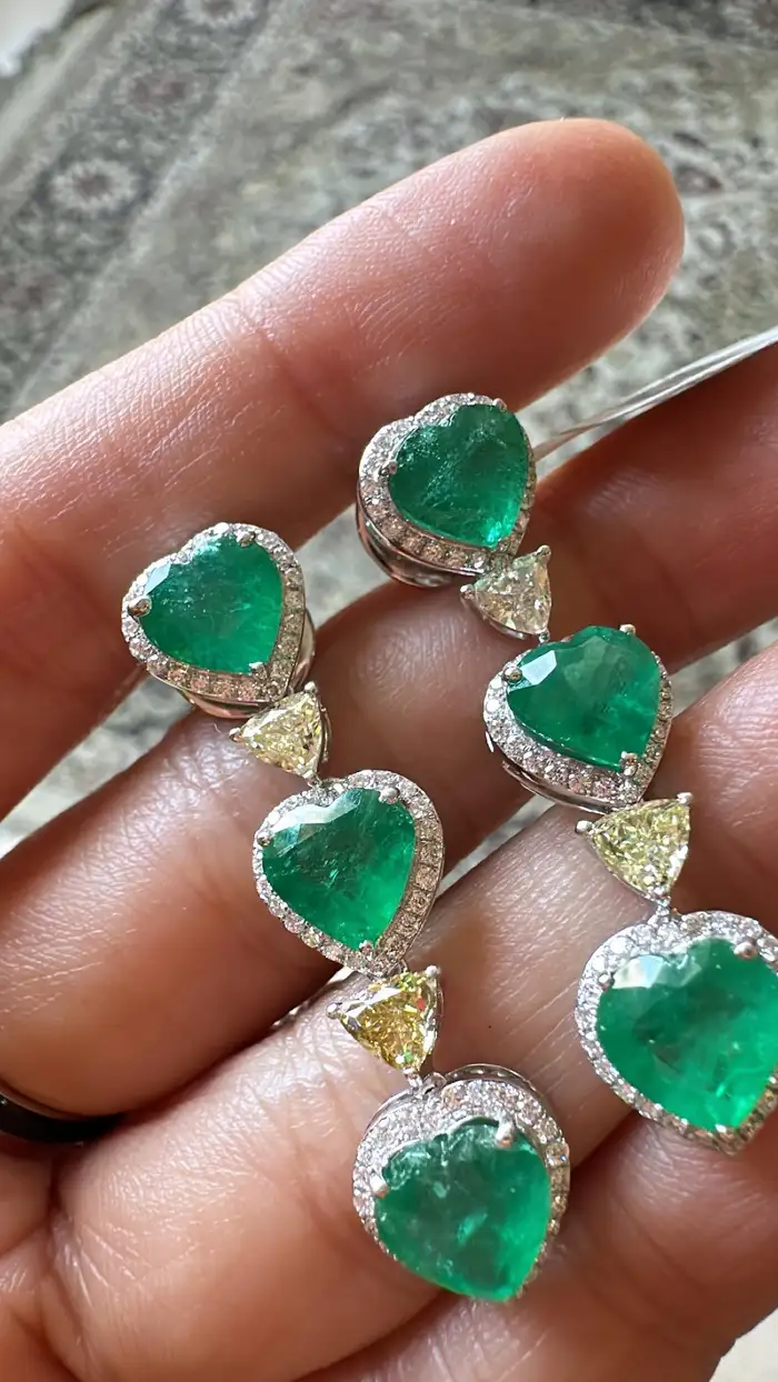 Natural Heart Shape Zambian Emerald Dangle Earrings - 18k White Gold Handmade Women Jewelry