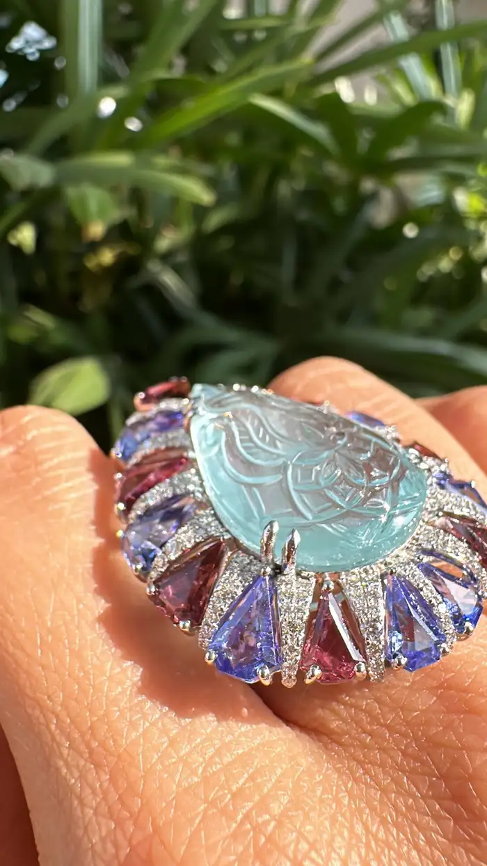 Pear Shape Carved Aquamarine, Rubellite & Tanzanite Cocktail Ring - 18k White Gold Diamond Statement Ring - Best Anniversary Gift