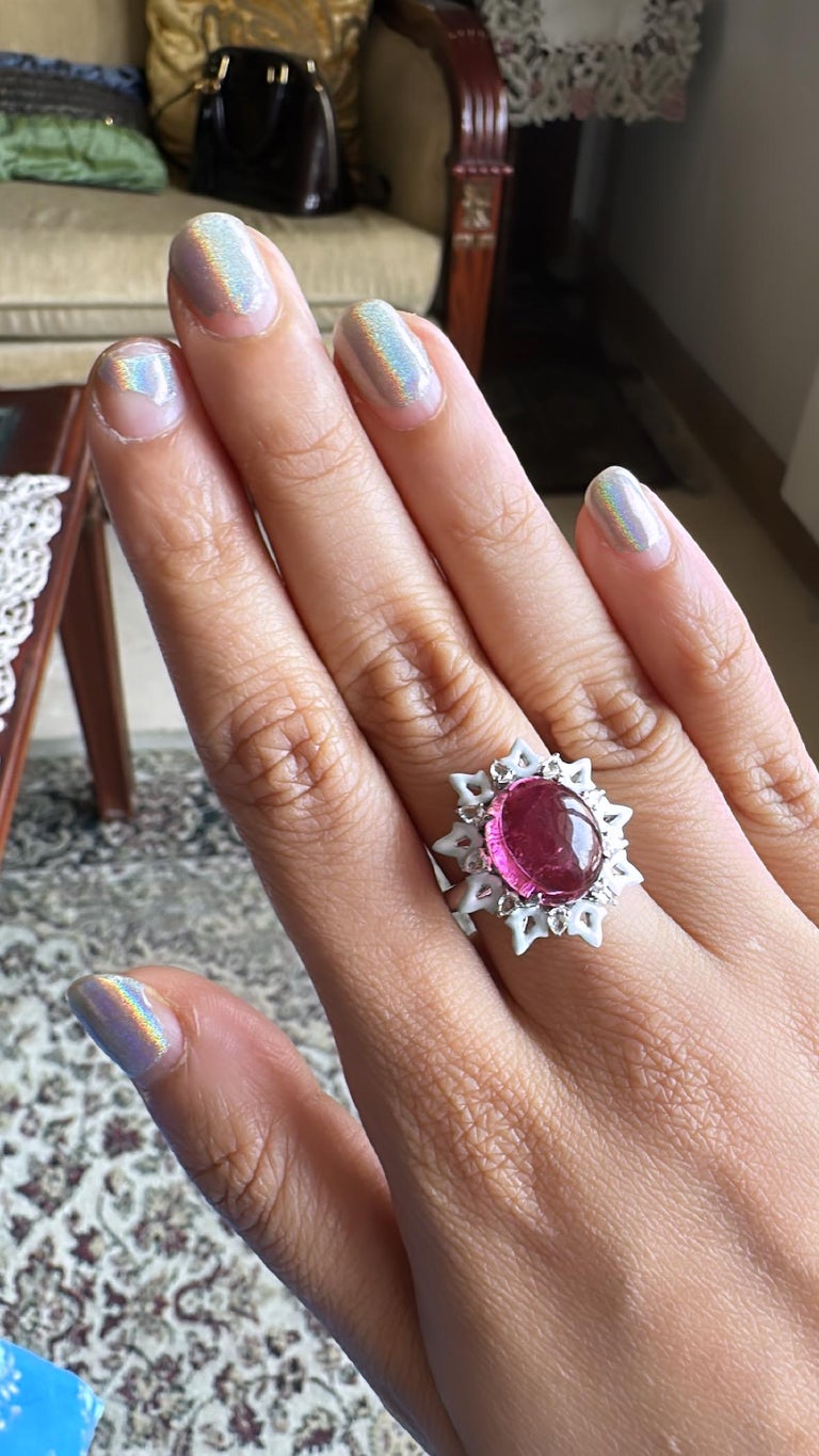 8.32 carats Tourmaline Cabochon, White Enamel & Rose Cut Diamonds Cocktail Ring
