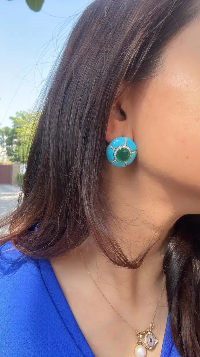 18K Gold, natural Zambian Emeralds, Turquoise & Diamonds Stud Earrings