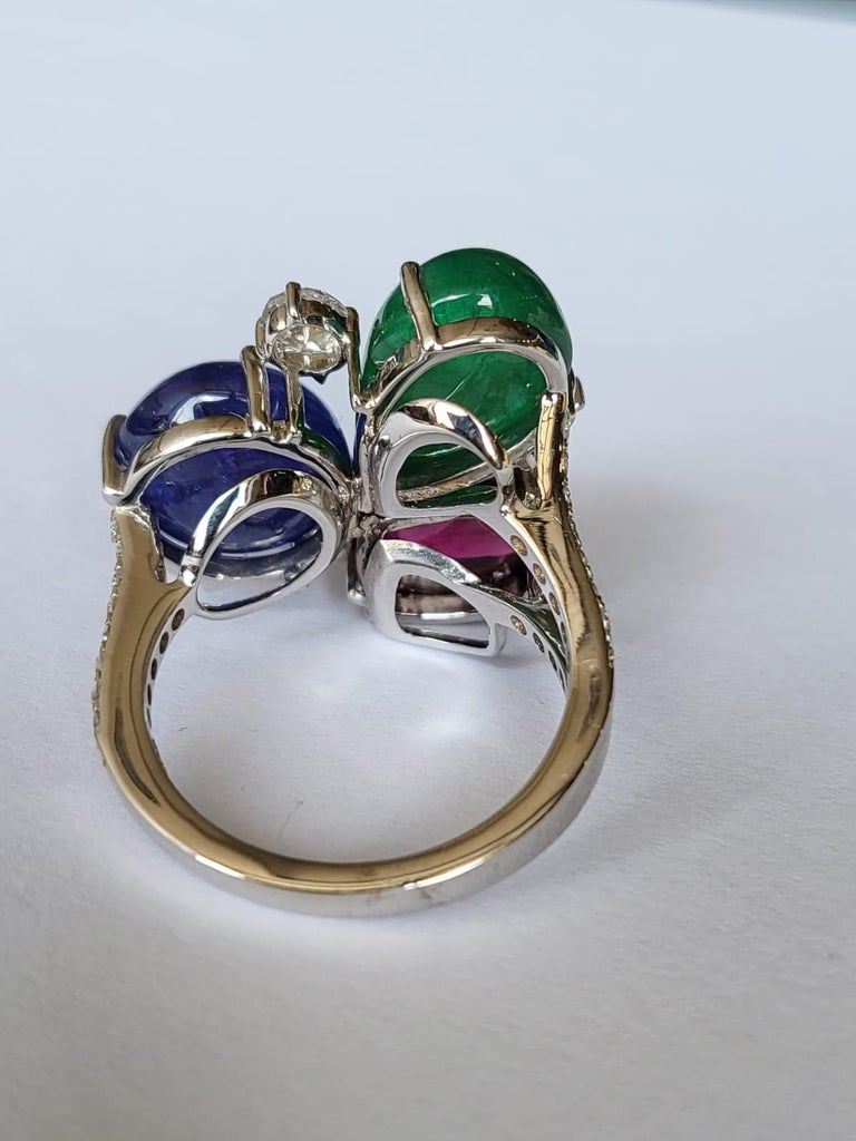 Emerald, Tanzanite, Tourmaline Cabochon & Rose Cut Diamonds Cocktail Ring