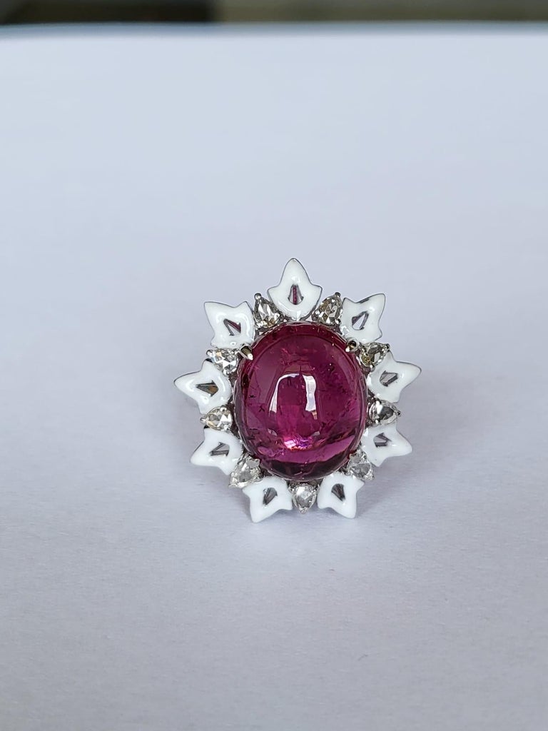 8.32 carats Tourmaline Cabochon, White Enamel & Rose Cut Diamonds Cocktail Ring