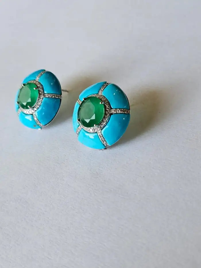 18K Gold, natural Zambian Emeralds, Turquoise & Diamonds Stud Earrings