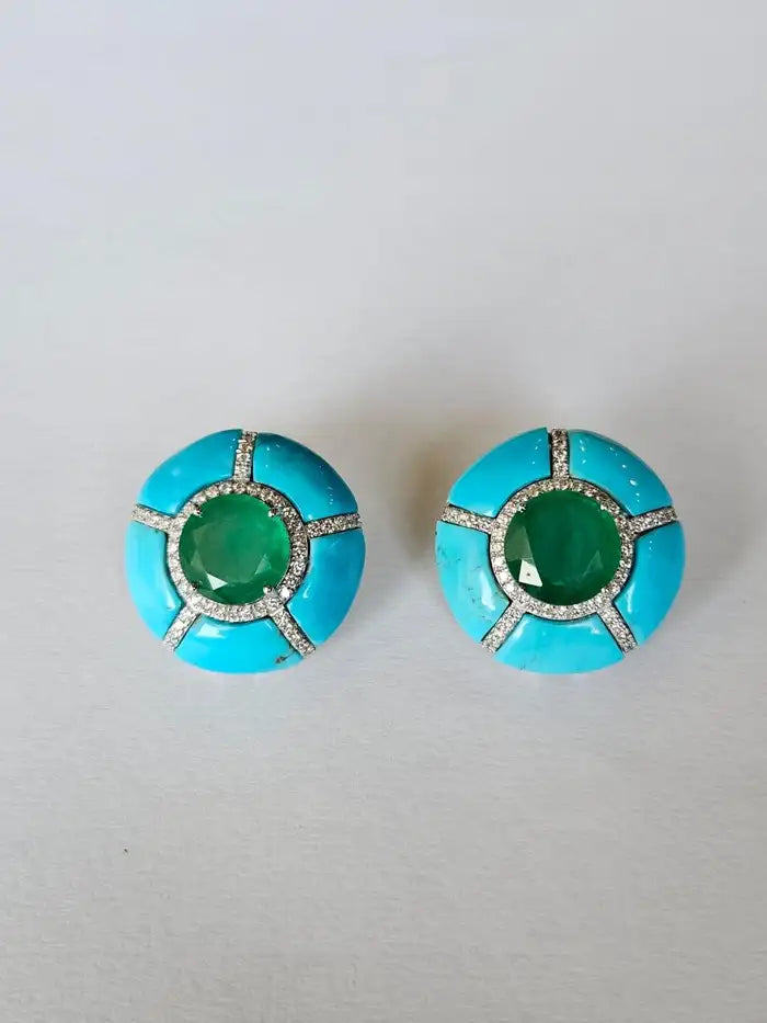 18K Gold, natural Zambian Emeralds, Turquoise & Diamonds Stud Earrings