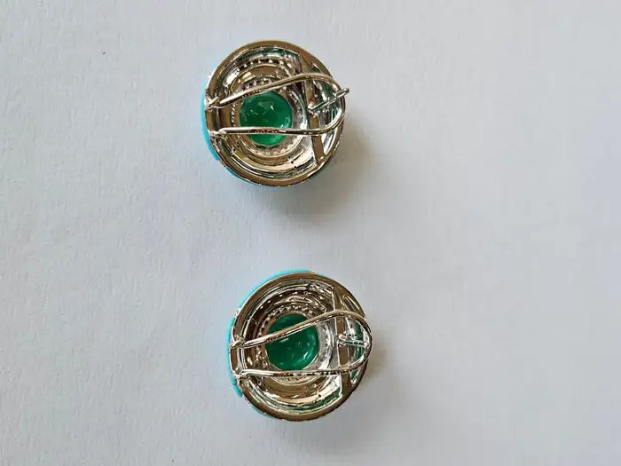 18K Gold, natural Zambian Emeralds, Turquoise & Diamonds Stud Earrings
