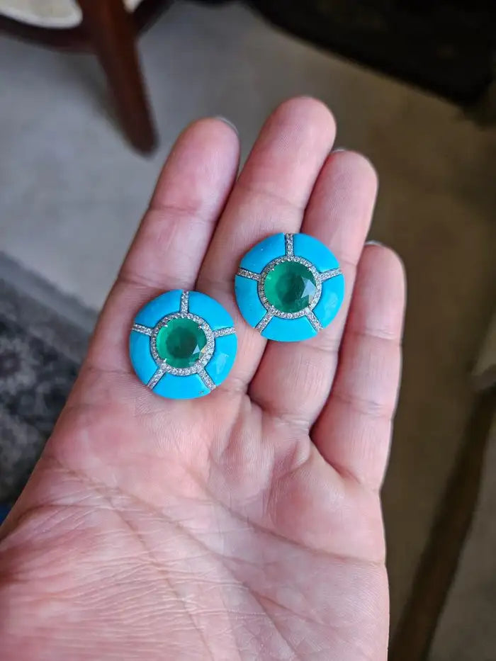 18K Gold, natural Zambian Emeralds, Turquoise & Diamonds Stud Earrings