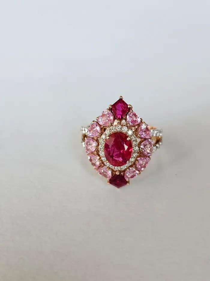Set in 18K Gold, natural Mozambique Ruby, Pink Sapphire & Diamonds Cocktail Ring