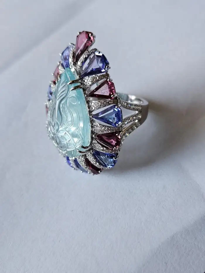 Pear Shape Carved Aquamarine, Rubellite & Tanzanite Cocktail Ring - 18k White Gold Diamond Statement Ring - Best Anniversary Gift