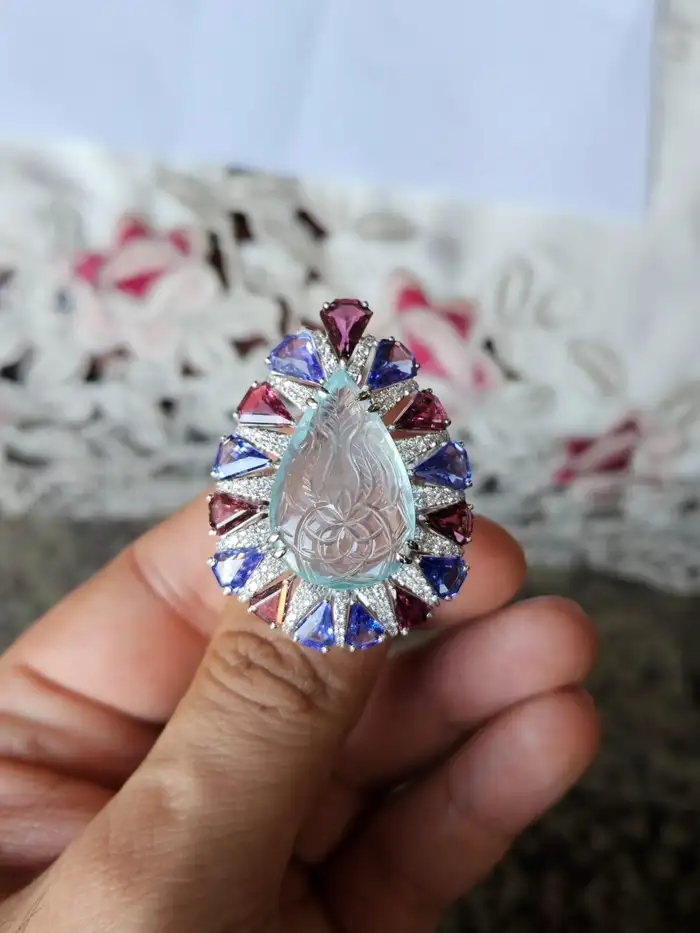 Pear Shape Carved Aquamarine, Rubellite & Tanzanite Cocktail Ring - 18k White Gold Diamond Statement Ring - Best Anniversary Gift