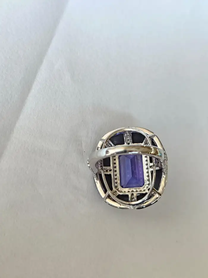 Natural Tanzanite & Black Onyx Gemstone Ring - 18k White Gold Handmade Ring - Pave Diamonds Ring