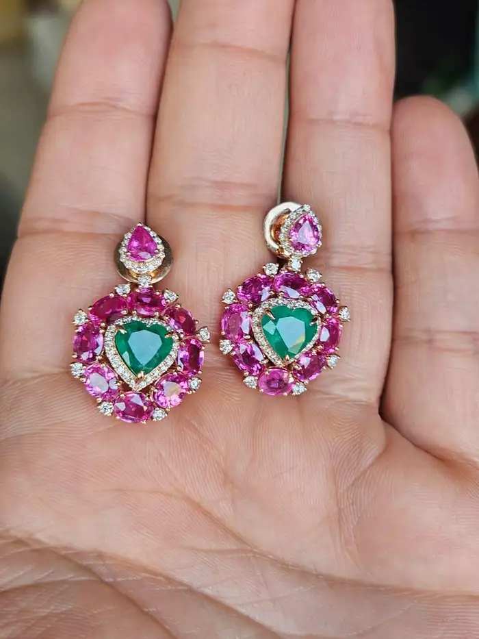Natural Heart Shape Zambian Emerald & Pink Sapphire Dangle Earrings - 18k Rose Gold Diamond Earrings - Anniversary Gift For Wife