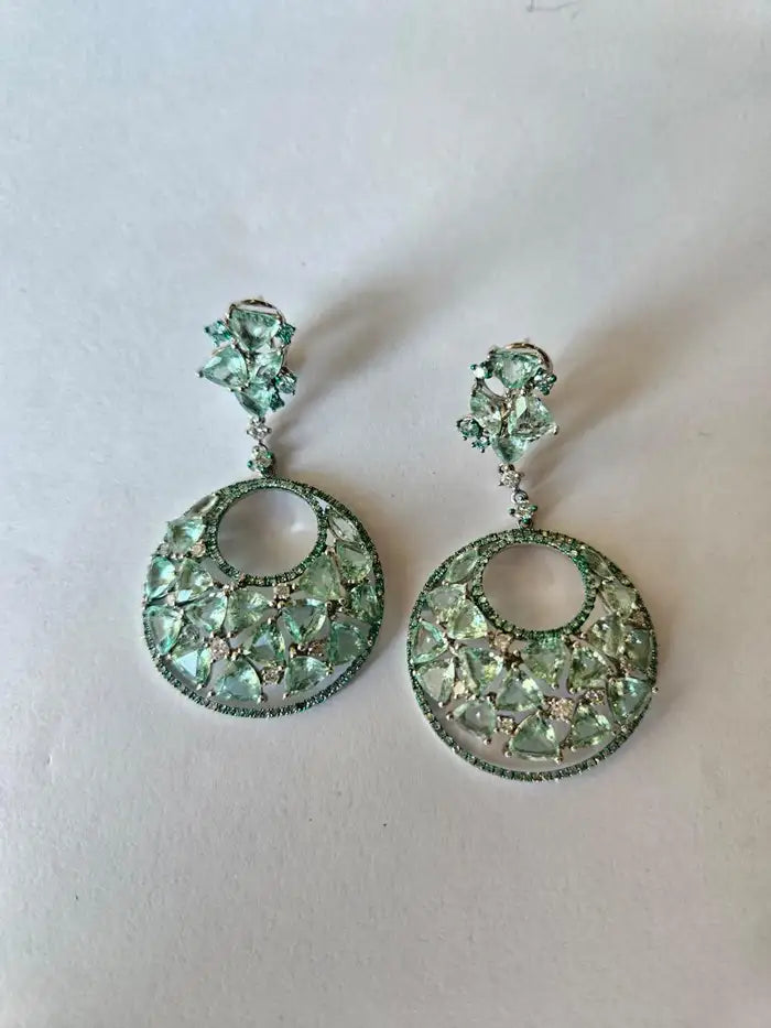 14.15 Ct. Paraiba Tourmaline & Diamonds Chandelier Earrings - 18k White Gold Handmade Dangle Earrings