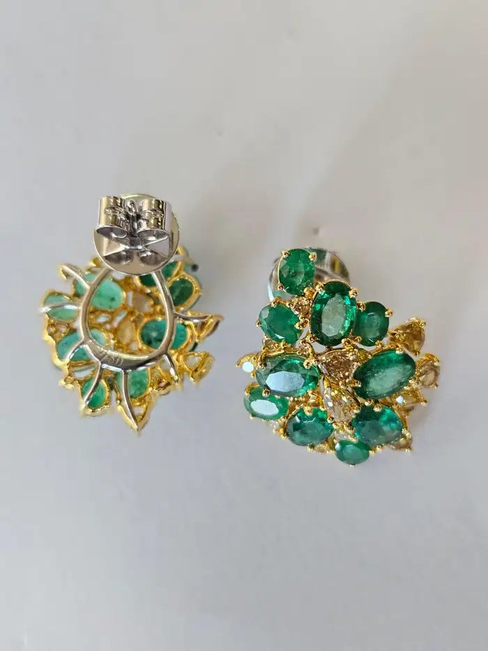 18k Yellow Gold Diamond Stud Earrings - Natural 6.05 Ct. Zambian Emerald Women Jewelry