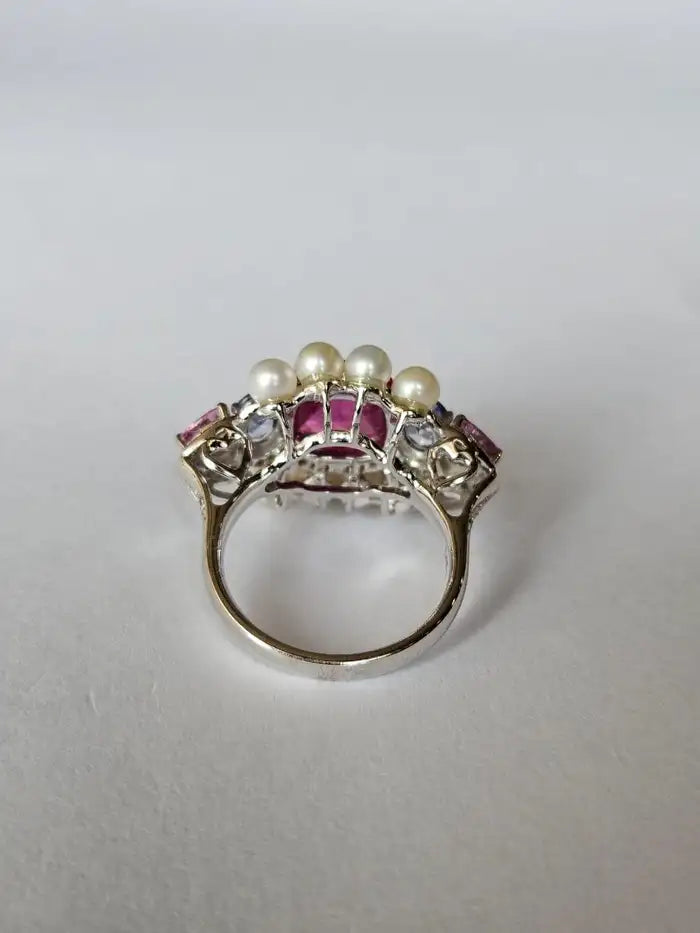 Natural Tourmaline & Multi Sapphire Ring - 18k White Gold Diamond Ring - Fresh Water Pearl Ring