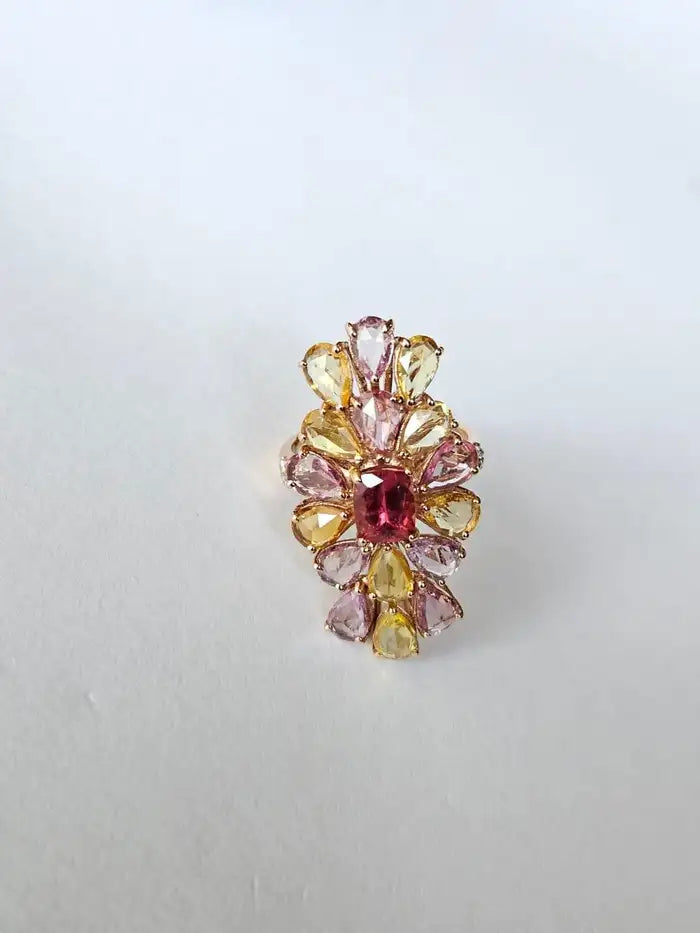 18k Rose Gold Diamond Cluster Ring - Natural Tourmaline & Multi Sapphire Cocktail Ring