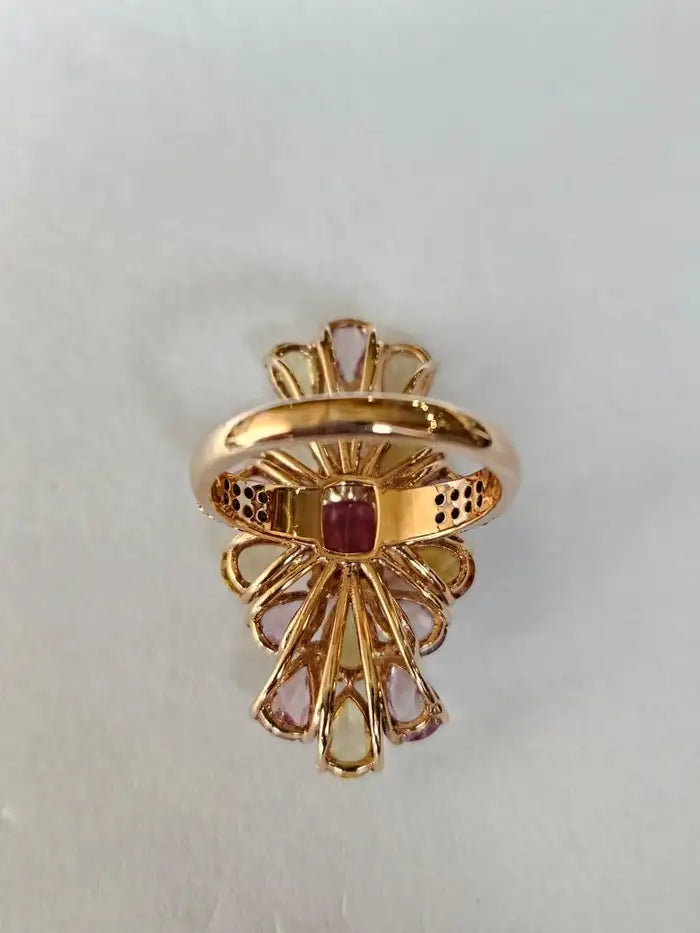 18k Rose Gold Diamond Cluster Ring - Natural Tourmaline & Multi Sapphire Cocktail Ring